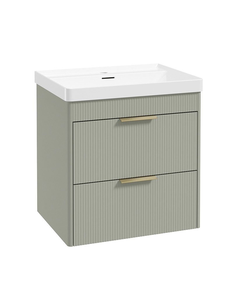 REED Wall Hung 60cm Two Drawer Vanity Unit Lakeside Sage & Basin- Brushed Gold Handles