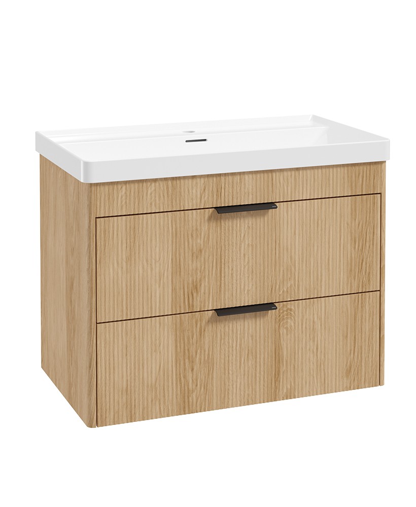 REED Wall Hung 80cm Two Drawer Vanity Unit Stillwater Alder & Basin - Matt Black Handles