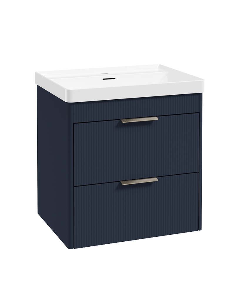 REED Wall Hung 60cm Two Drawer Vanity Unit Cobalt Night & Basin with Brushed Nickel Handles