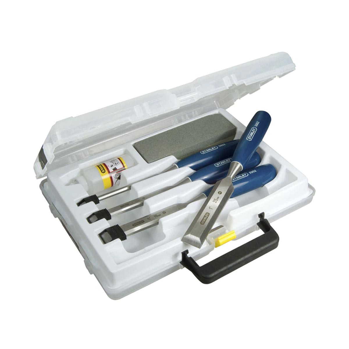 Stanley 4pce Chisel Set + Oilstone 5002 Bevel Edge Chisel