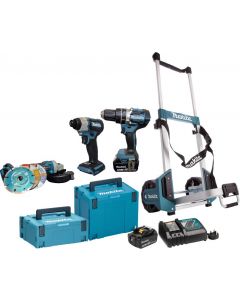 Makita 18v 3 Piece Brushless Kit - Combi , Impact & Grinder Kit (Includes Trolley & Batteries)