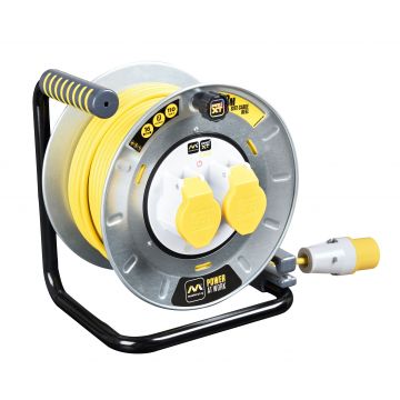 Masterplug Pro XT 2 Socket 16 Amp 110V Site Power Medium Metal Open Cable Reel - 30m - Yellow 