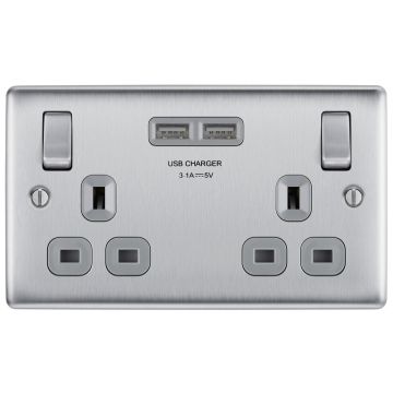 Double 13a Socket With Usb 2xusb Sockets 3.1a Brushed Steel