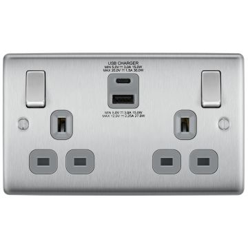 Brush Steel Grey 13a 2g Sw Skt+ Usb Ac (30w)