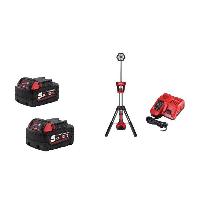 Milwaukee 18V Stand Light Kit comes with x2 18V 5AH Batteries