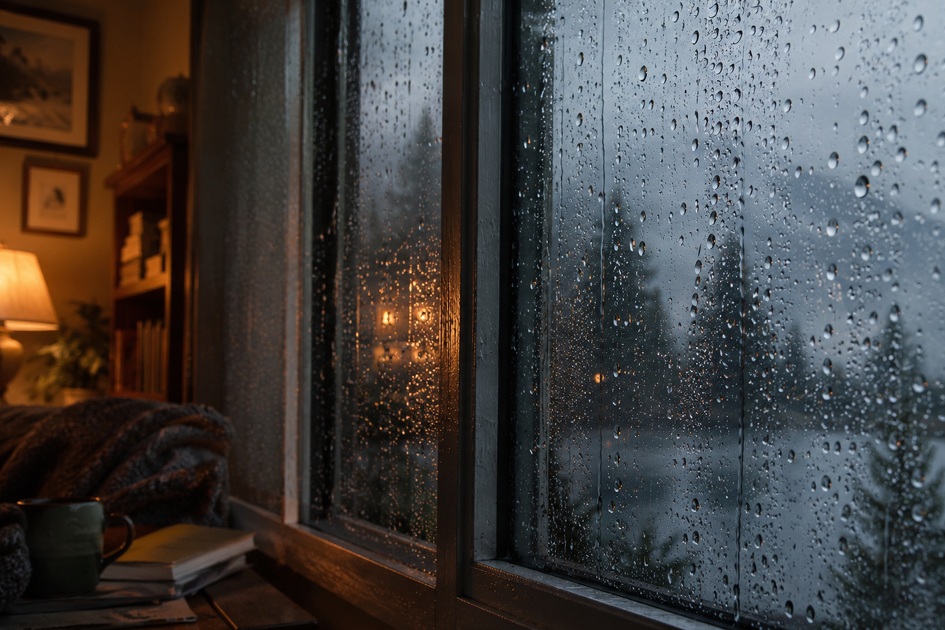Water droplets formed by condensation on a cold glass surface 